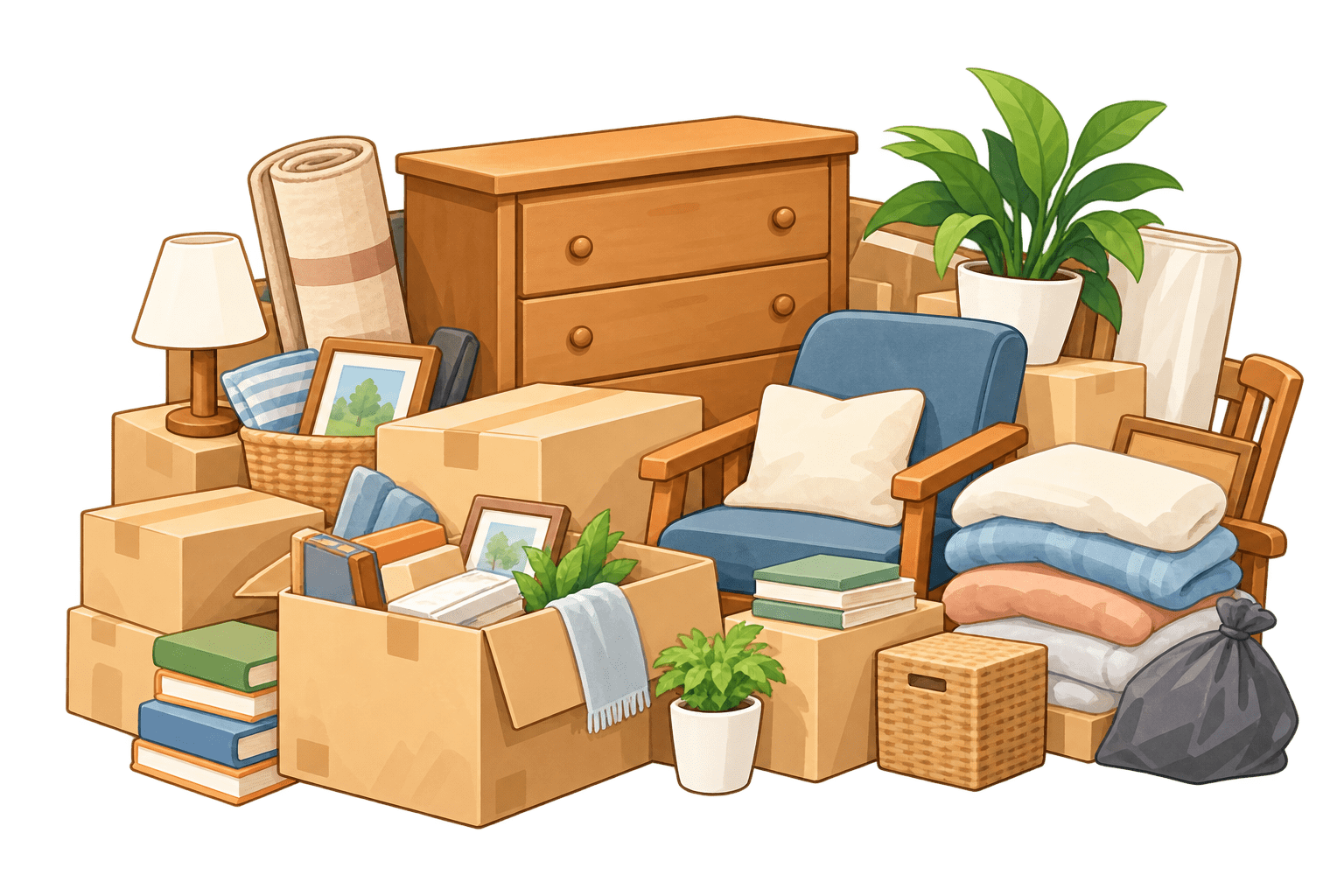 段ボールや家具が積まれた荷物